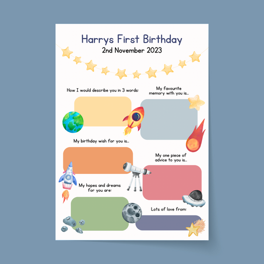 Personalised Space First Birthday Time Capsule Cards