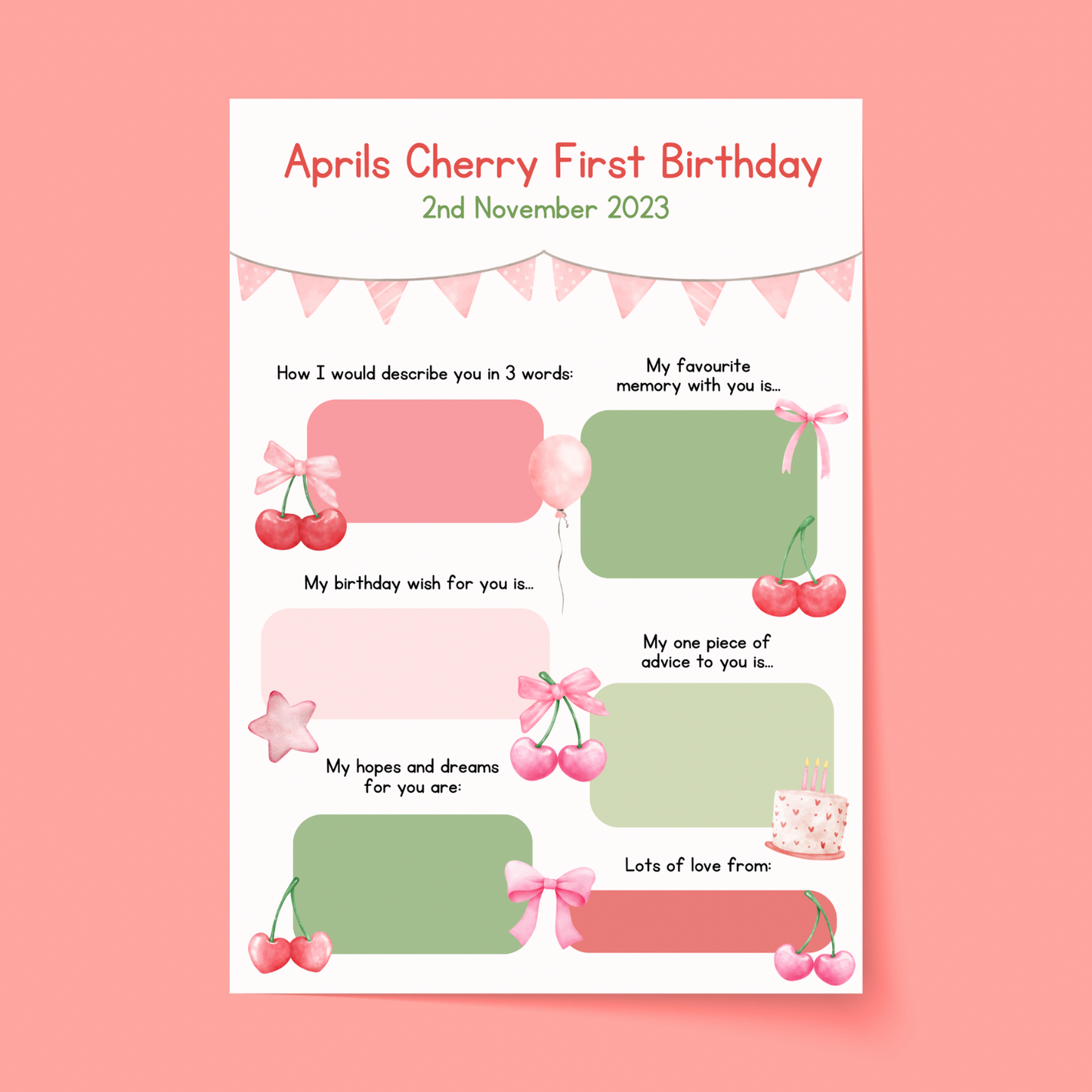 Personalised Cherry First Birthday Time Capsule Cards