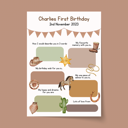 Personalised Cowboy First Birthday Time Capsule Cards