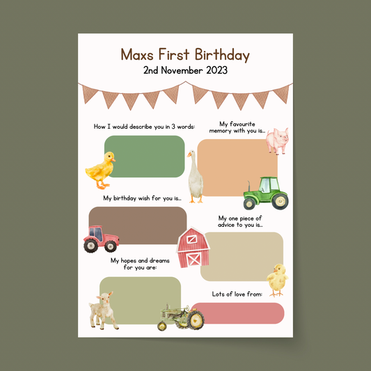 Personalised Farm First Birthday Time Capsule Cards