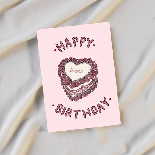 Vintage Heart Cake Zodiac Birthday Card
