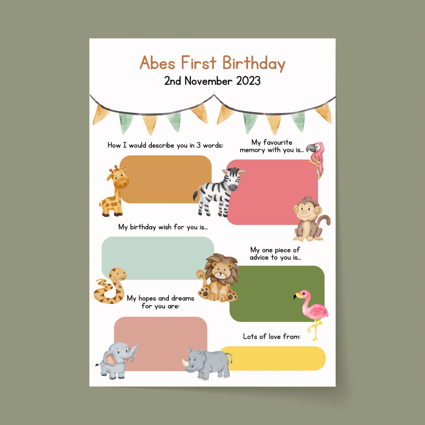 Personalised Safari First Birthday Time Capsule Cards