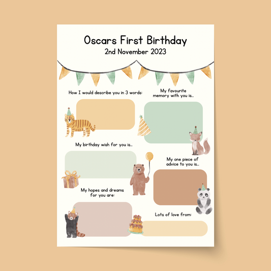 Personalised Animal First Birthday Time Capsule Cards