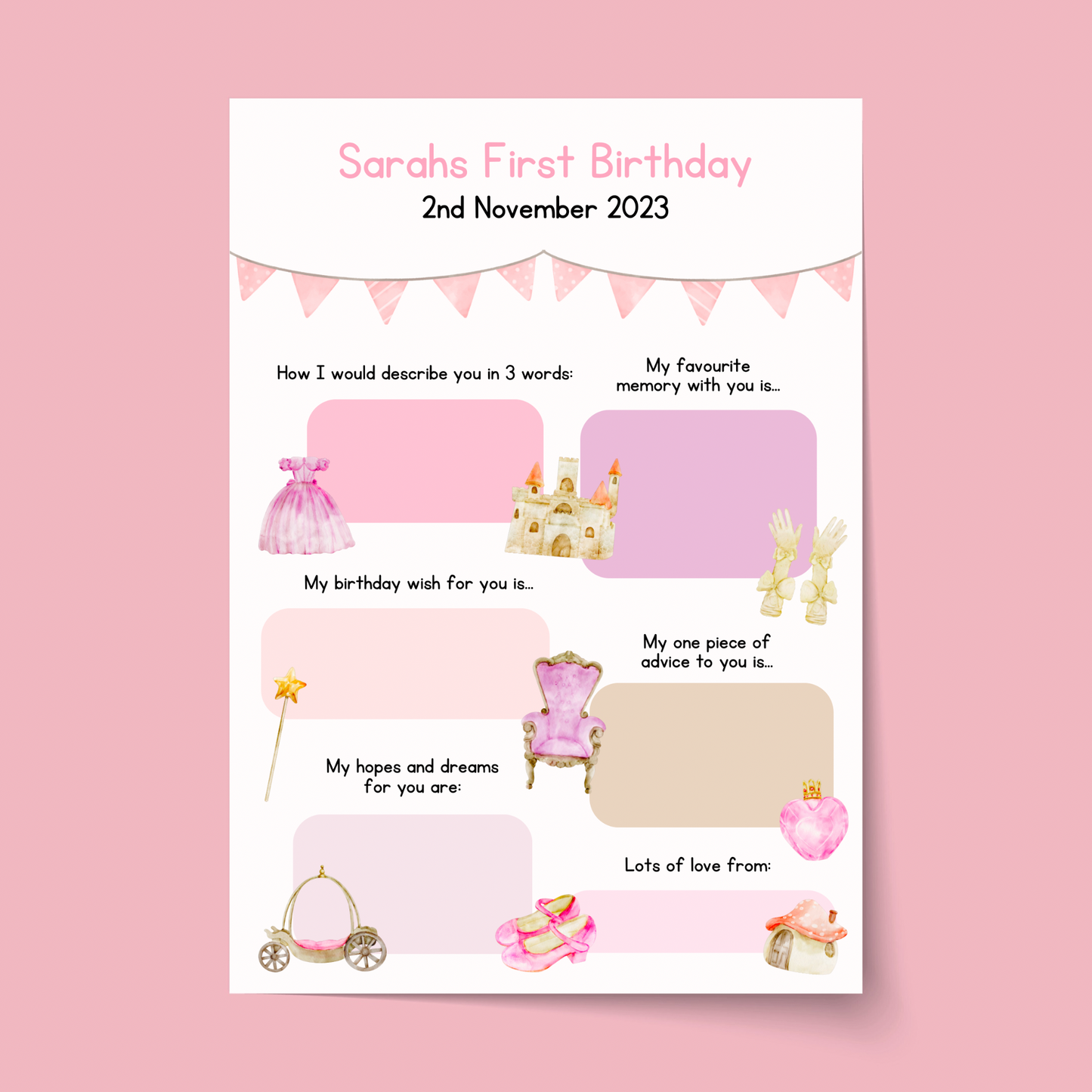 Personalised Princess First Birthday Time Capsule Cards