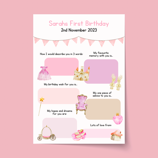 Personalised Princess First Birthday Time Capsule Cards